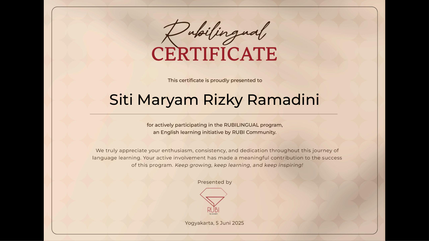 RUBI Lingual Program Certificate