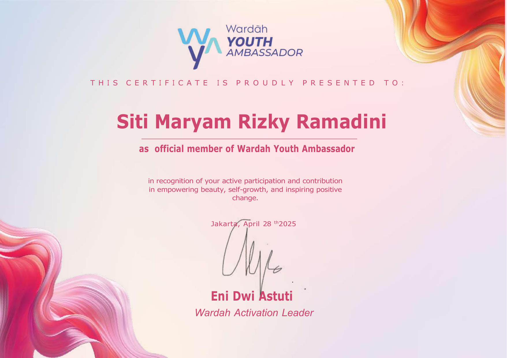Wardah Youth Ambassador Certificate