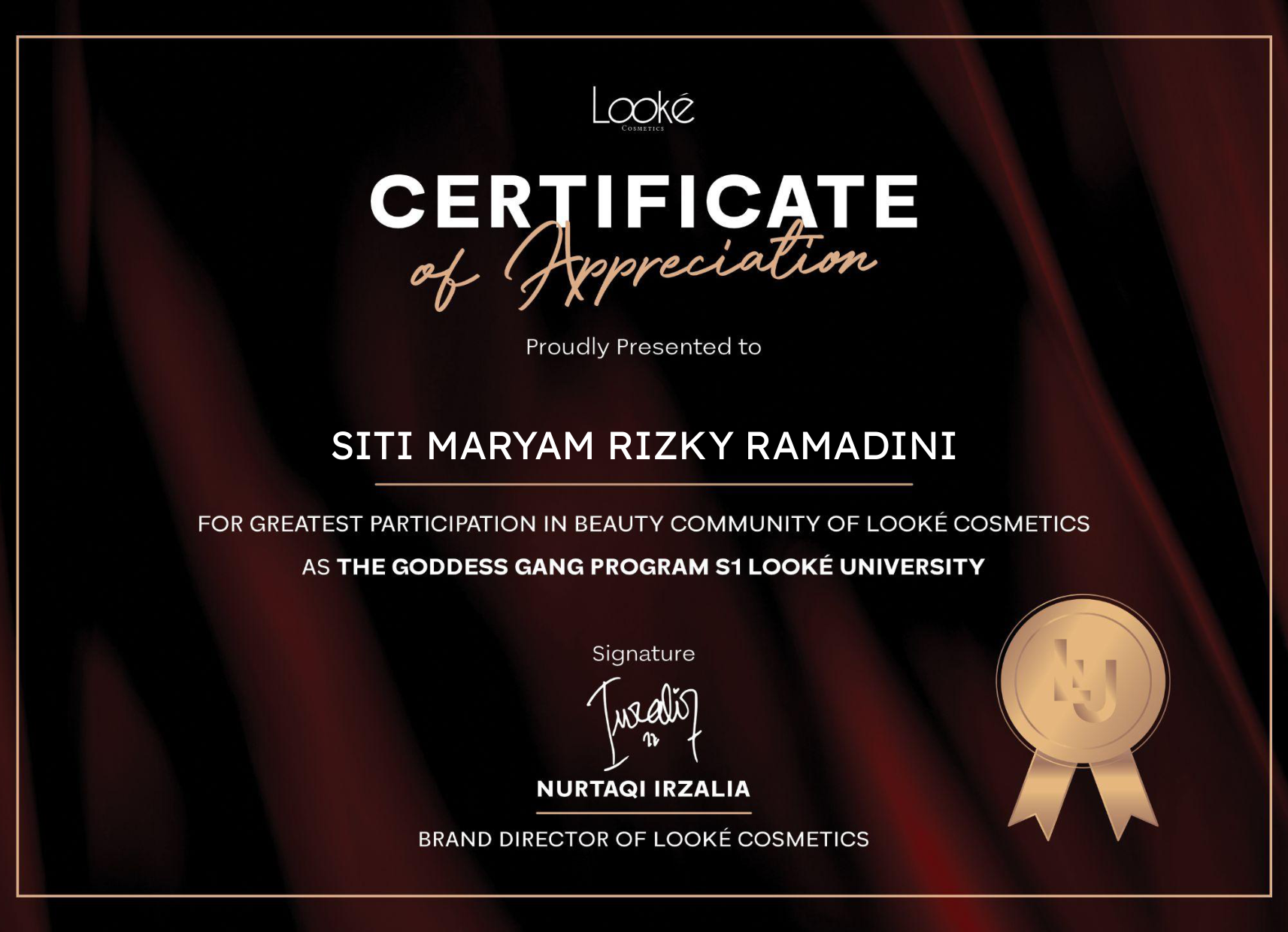 Looké Cosmetics Certificate of Appreciation