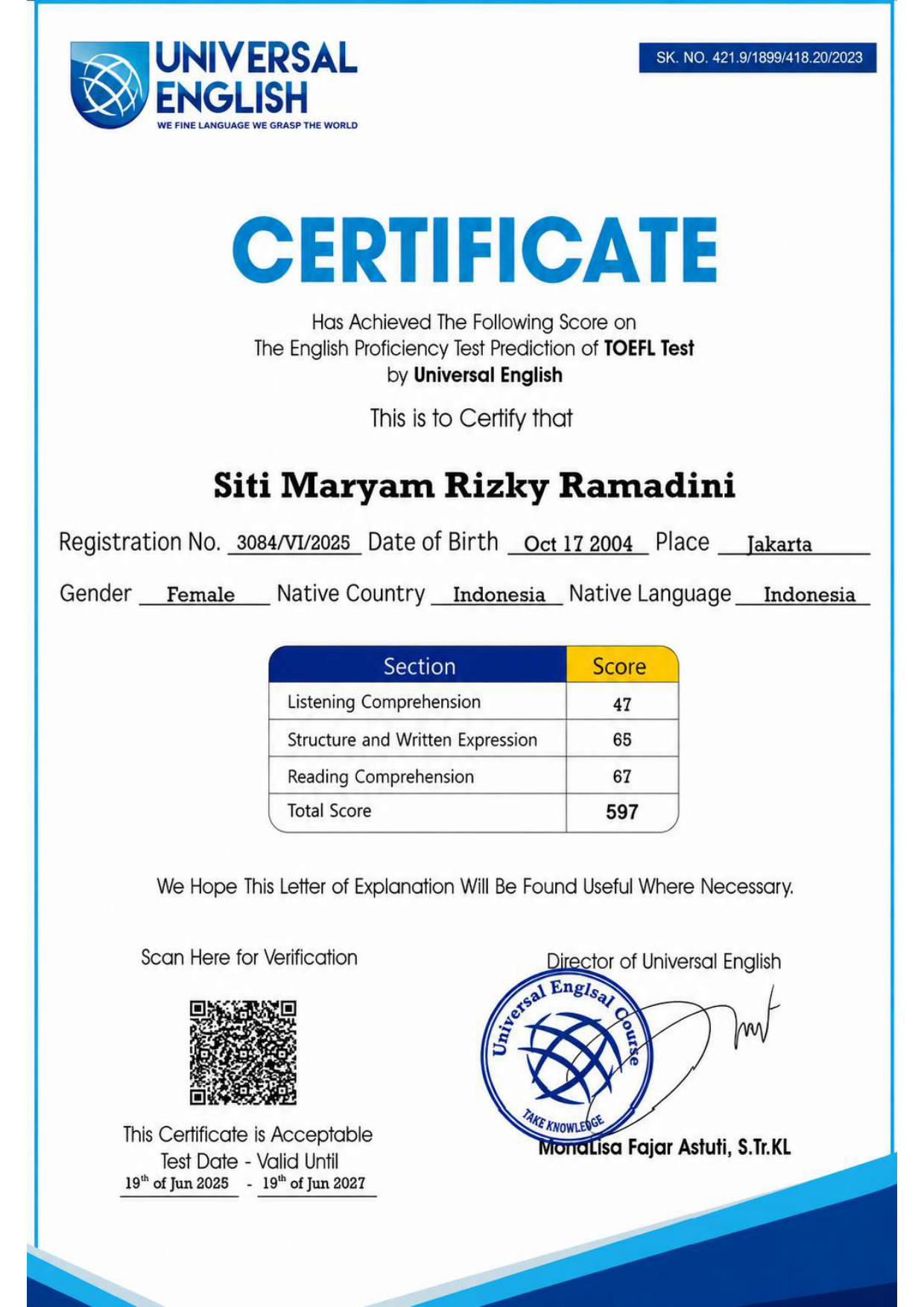 TOEFL Test Certificate